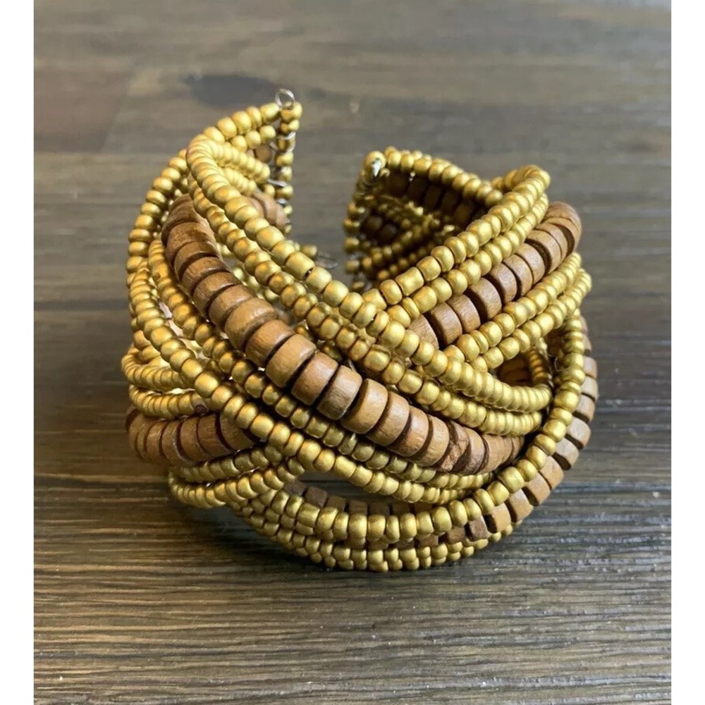 Wood And Painted Gold Bead Woven Cuff Bracelet Boho Festival